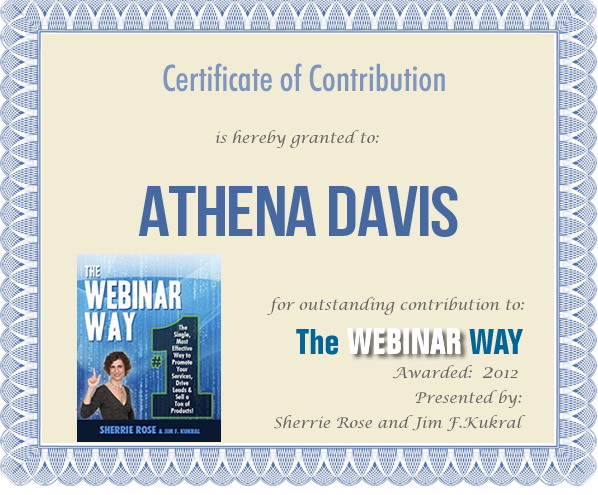 Certificate of Contribution for Athena Davis from The Webinar Way