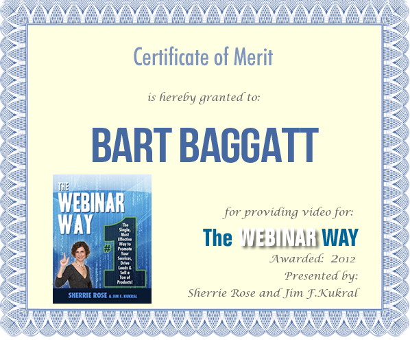 Certificate of Merit for Bart Baggatt from The Webinar Way