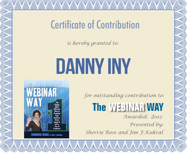 Certificate of Contribution for Danny Iny from The Webinar Way