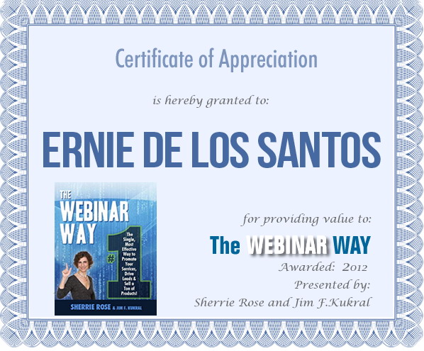 Certificate of Appreciation for Ernie De Los Santos from The Webinar Way