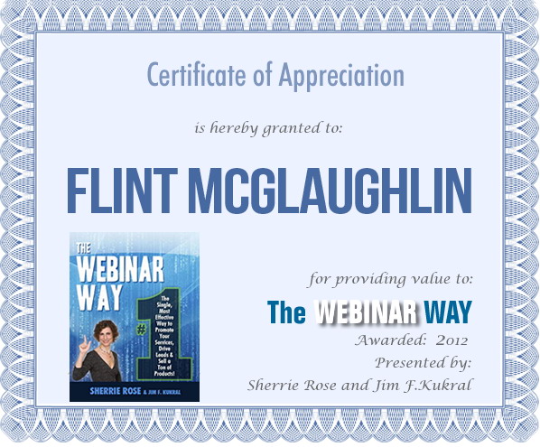 Certificate of Appreciation for Flint McGlaughlin from The Webinar Way
