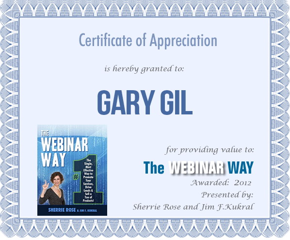 Certificate of Appreciation for Gary Gil from The Webinar Way