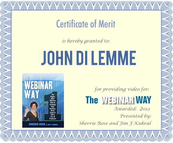 Certificate of Merit for John Di Lemme from The Webinar Way