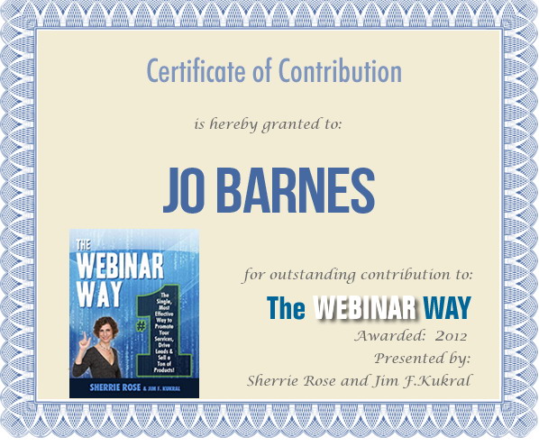 Certificate of Contribution for Jo Barnes from The Webinar Way