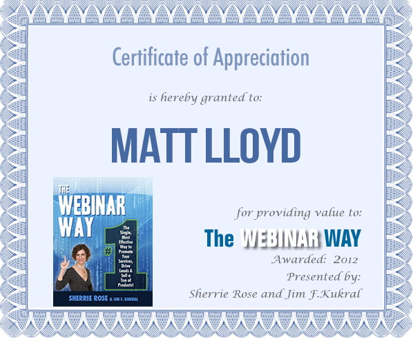 Certificate of Appreciation for Matt Lloyd from The Webinar Way