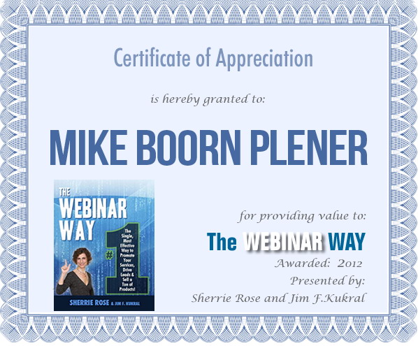 Certificate of Appreciation for Mike Plener from The Webinar Way