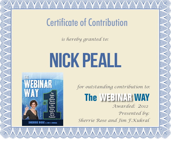 Certificate of Contribution for Nick Peall from The Webinar Way