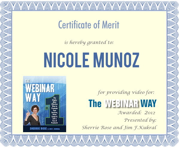 Certificate of Merit for Nicole Munoz from The Webinar Way