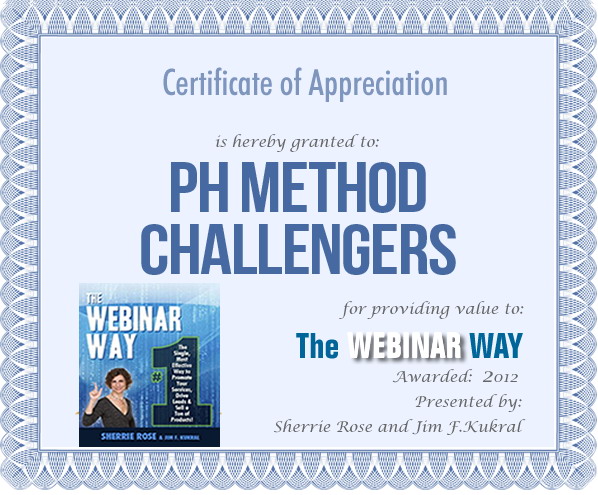 Certificate of Appreciation for PH Method Challengers from The Webinar Way