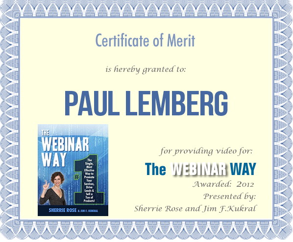 Certificate of Merit for Paul Lemberg from The Webinar Way