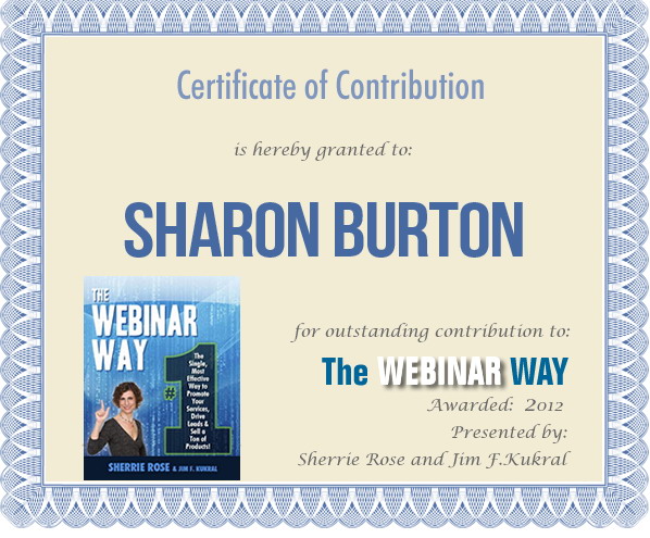 Certificate of Contribution for Sharon Burton from The Webinar Way