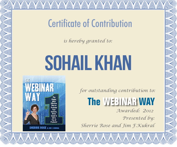 Certificate of Contribution for Sohail Khan from The Webinar Way