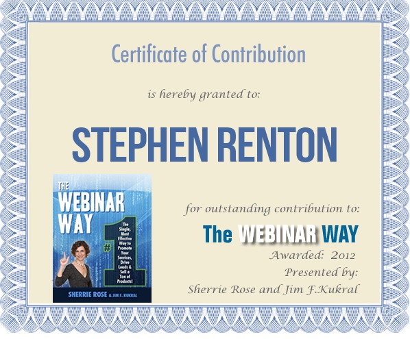 Certificate of Contribution for Stephen Renton from The Webinar Way
