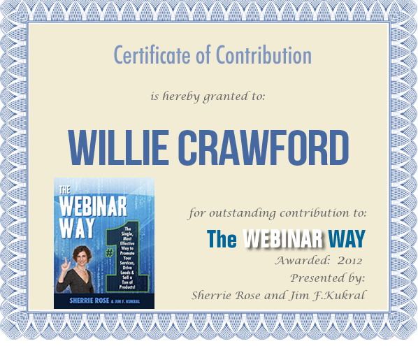 Certificate of Contribution for Willie Crawford from The Webinar Way